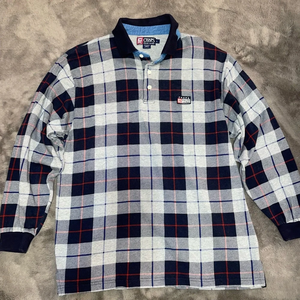 Chaps Ralph Lauren long sleeve checkered polo size L, blue/gray/red - Picture 2 of 9